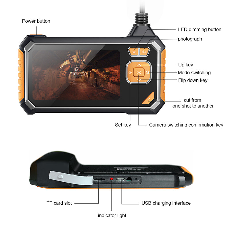 INSKAM113 8mm Industrial Endoscope 1080P Dual Lens HD Digital Borescope Camera 4.3-inch Display Screen with 5M Semi-Rigid Cable - Orange