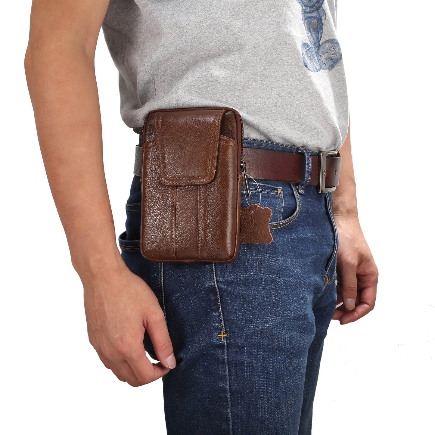 Universal Genuine Leather Zipper Vertical Pouch Case for Samsung S8/S8 Plus, Size: 16.5x10.7x2.0cm - Brown