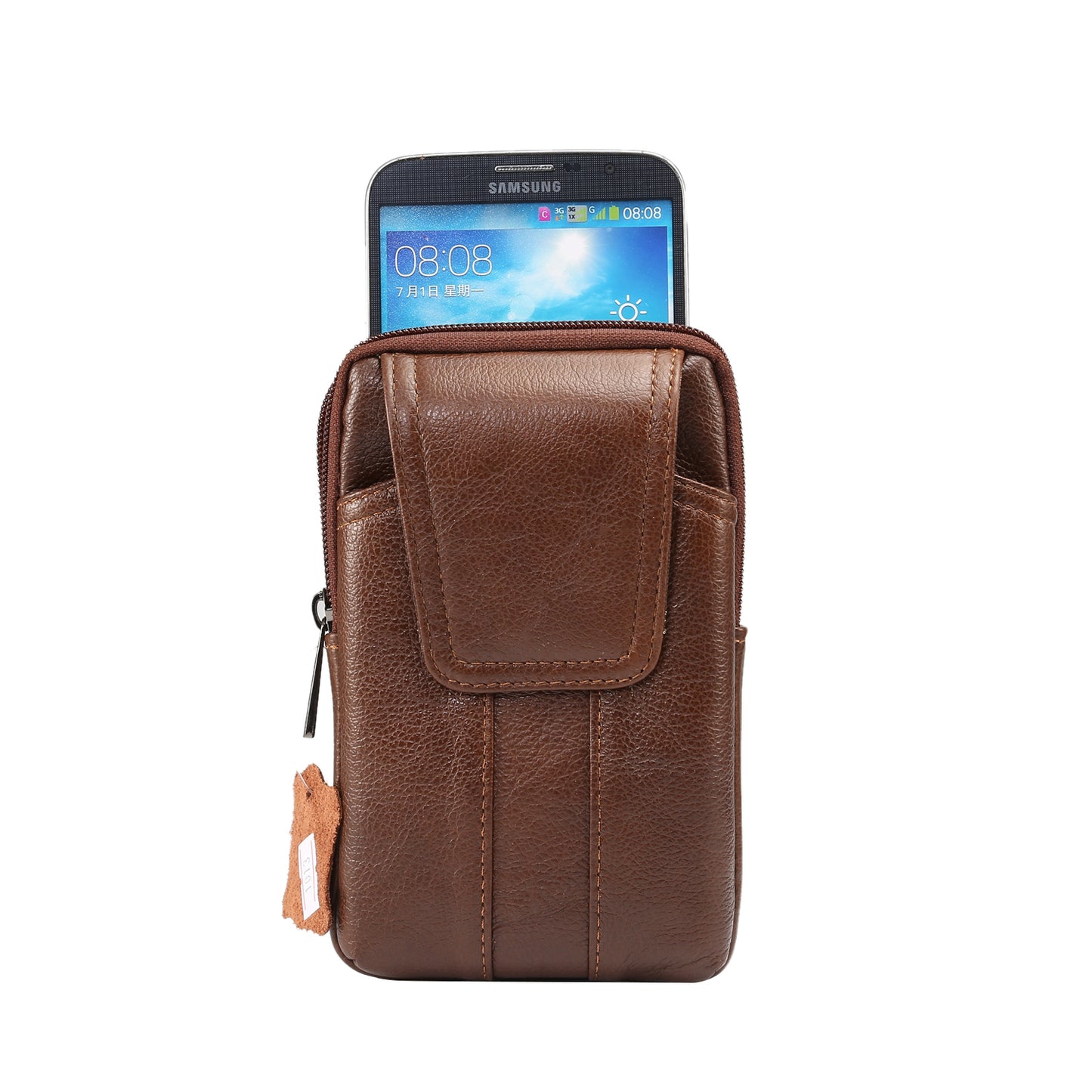 Universal Genuine Leather Zipper Vertical Pouch Case for Samsung S8/S8 Plus, Size: 16.5x10.7x2.0cm - Brown