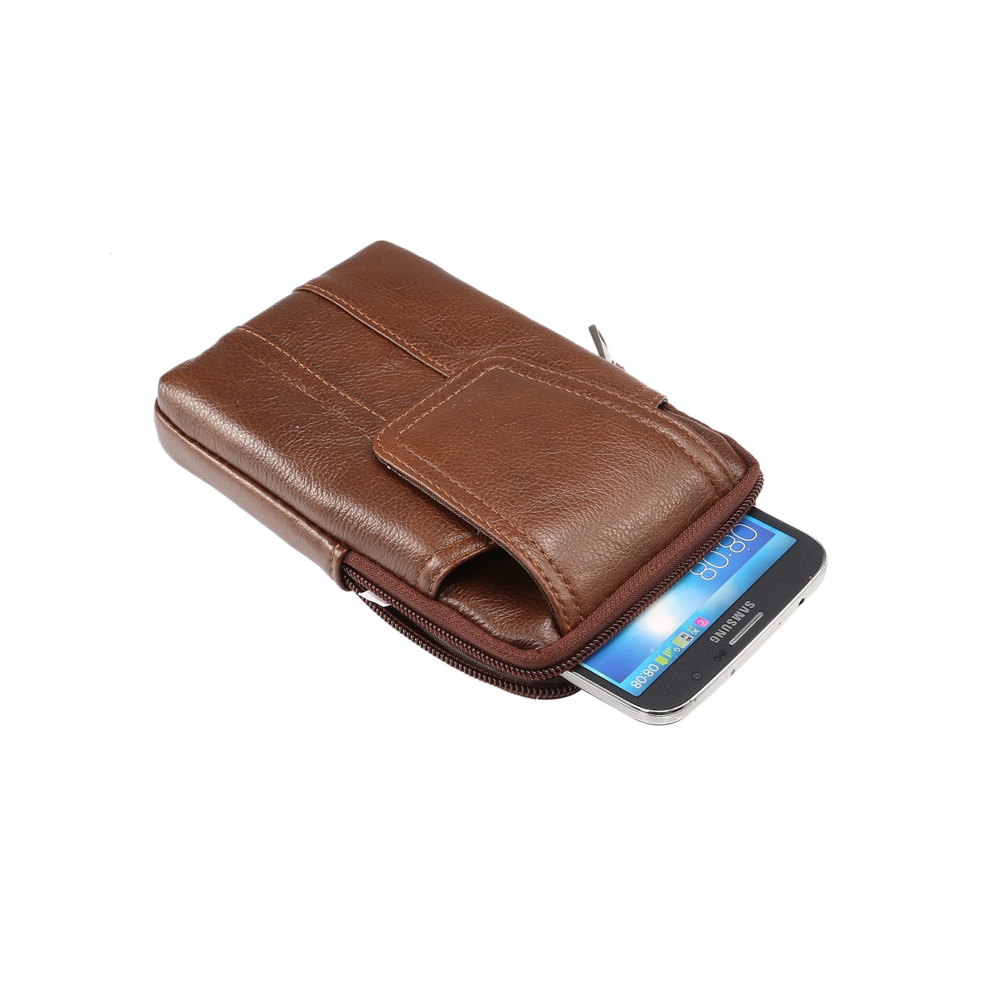 Universal Genuine Leather Zipper Vertical Pouch Case for Samsung S8/S8 Plus, Size: 16.5x10.7x2.0cm - Brown