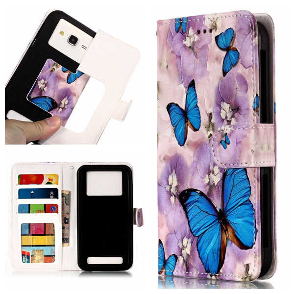 Blue Butterflies and Flower - Universal Embossed Patterned Leather Wallet Case for iPhone 8/LG K3 (2017)