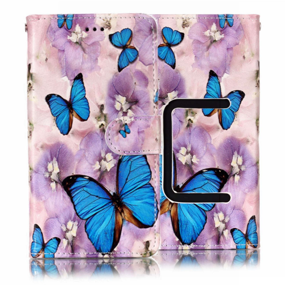 Blue Butterflies and Flower - Universal Embossed Patterned Leather Wallet Case for iPhone 8/LG K3 (2017)