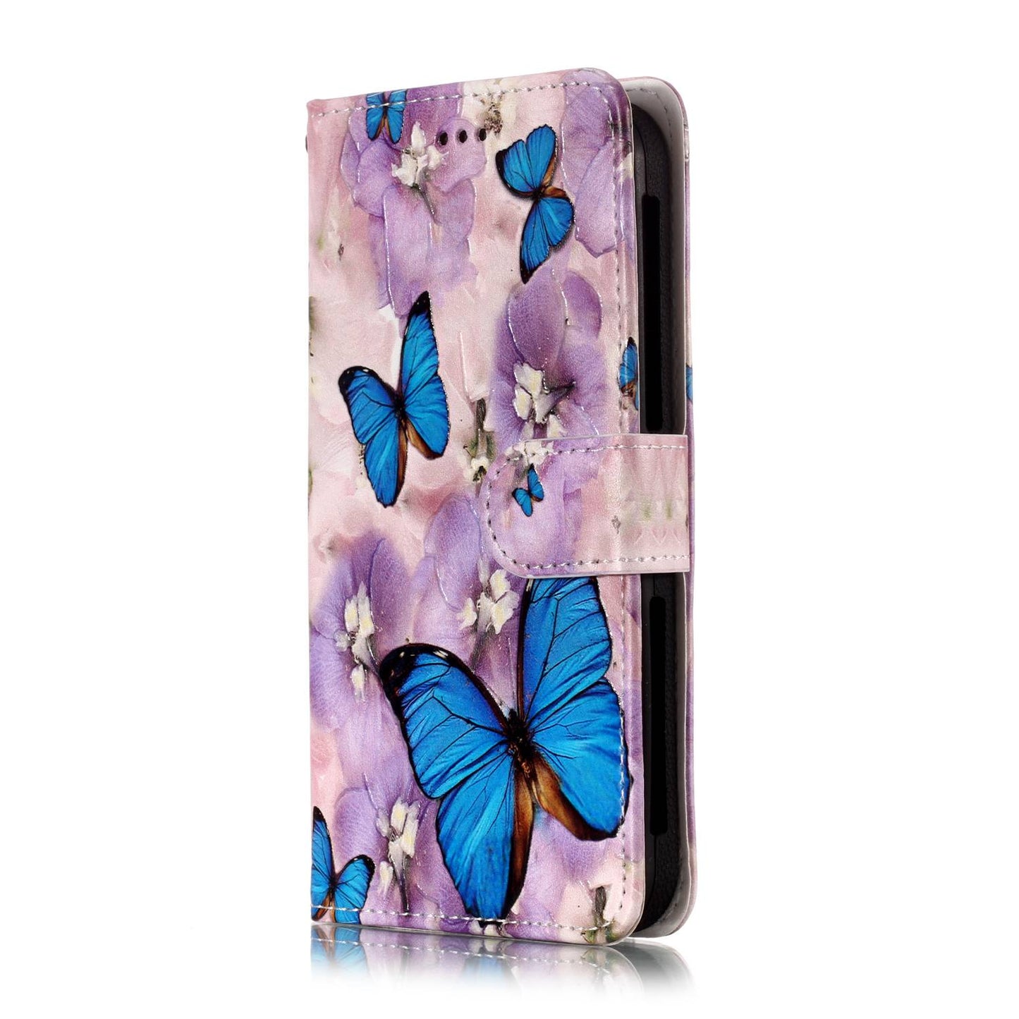 Blue Butterflies and Flower - Embossed Patterned Leather Wallet Universal Mobile Case for iPhone SE/Motorola Moto E