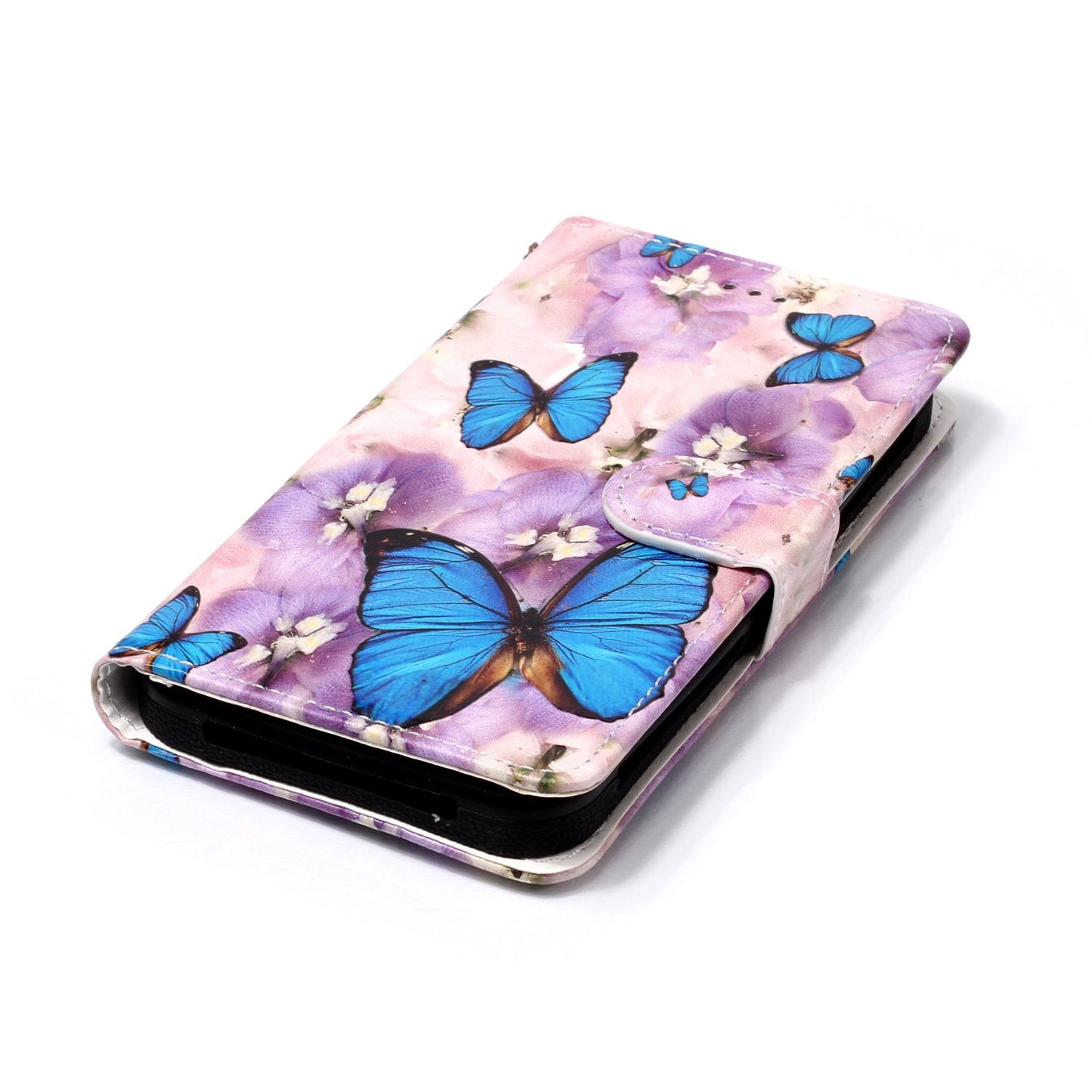 Blue Butterflies and Flower - Embossed Patterned Leather Wallet Universal Mobile Case for iPhone SE/Motorola Moto E