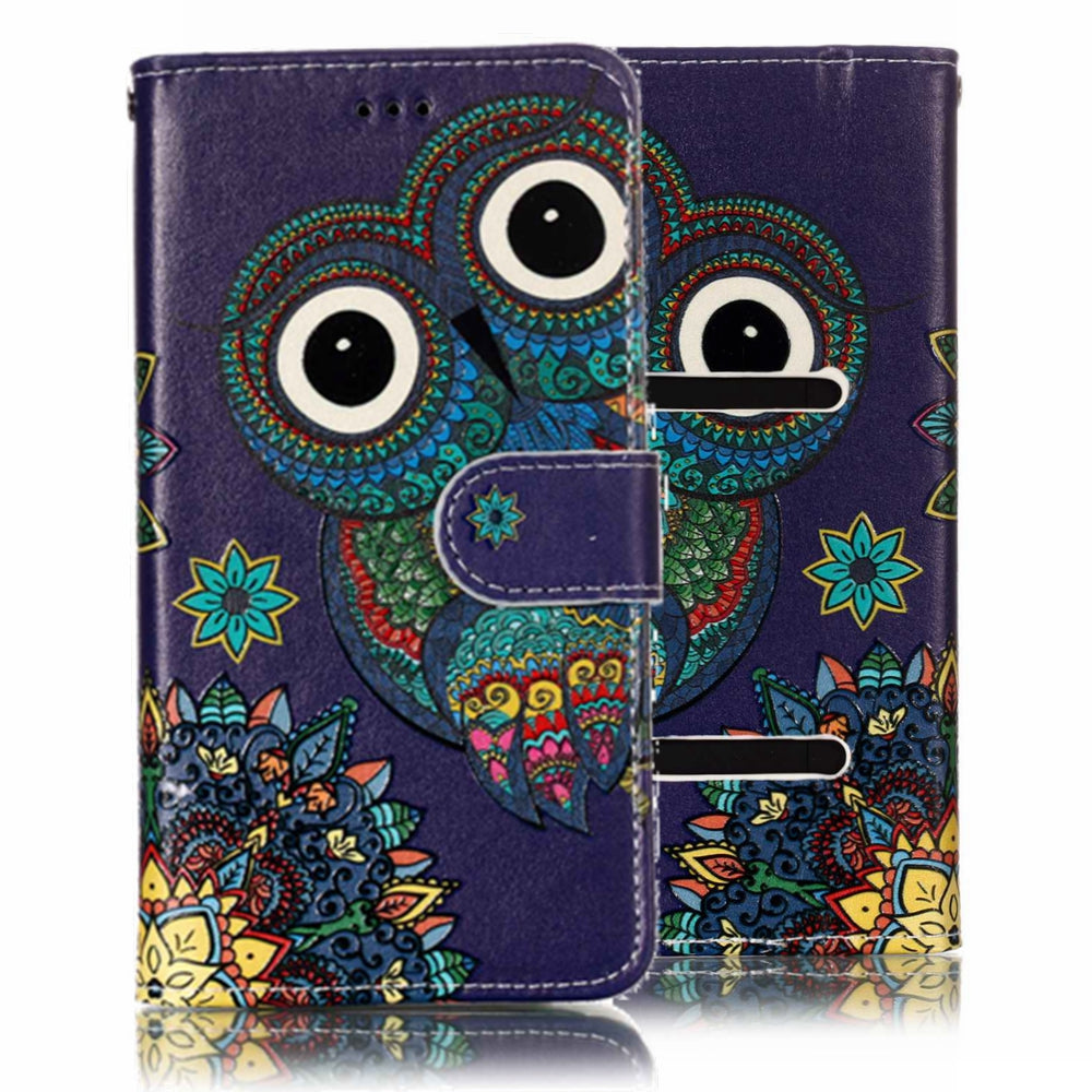 Tribal Style Owl - Embossed Patterned Leather Wallet Universal Mobile Case for iPhone SE/Motorola Moto E