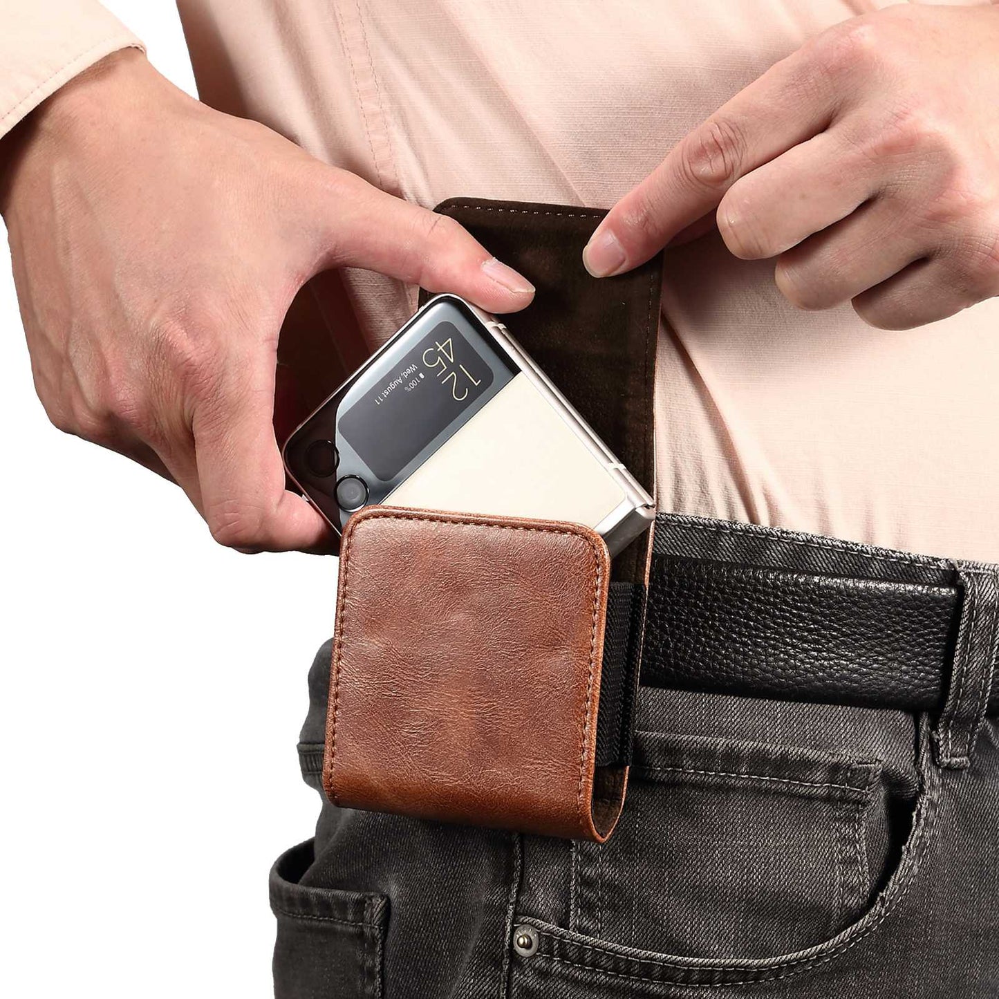 for Samsung Galaxy Z Flip / Z Flip 5G / Z Flip3 5G / Huawei P50 Pocket / Pocket S Belt Waist Bag Microfiber Leather Vertical Flip Cellphone Belt Loop Holster Case