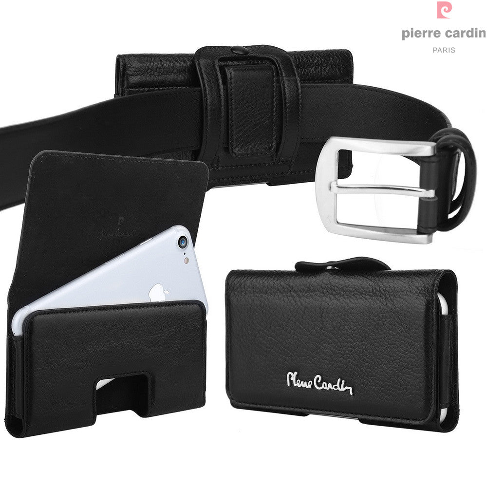 PIERRE CARDIN Genuine Leather Pouch Holster for iPhone 7/6s/6, Size: 140 x 70 x 9mm - Black