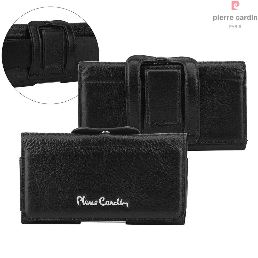 PIERRE CARDIN Genuine Leather Pouch Holster for iPhone 7/6s/6, Size: 140 x 70 x 9mm - Black