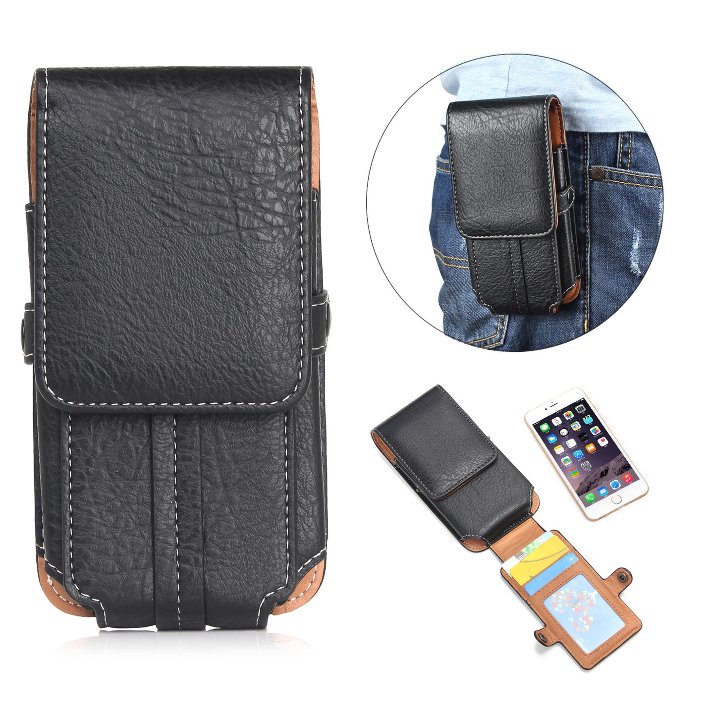 Size 140 x 73 x 10mm Card Slots Vertical Flip Leather Holster Case with Belt Loop for iPhone 7 6s 6 Etc - Black