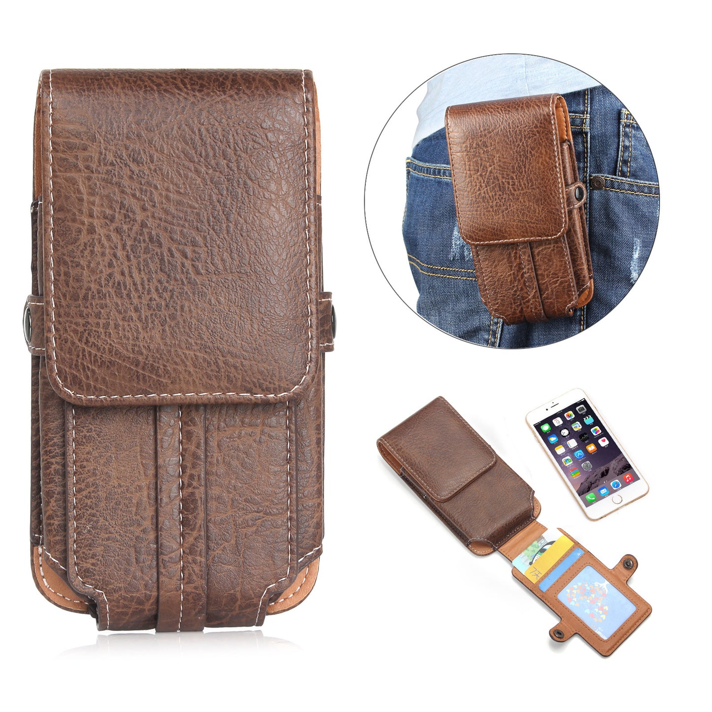 Vertical Flip Belt Loop Leather Card Holder Holster for iPhone 7 6s 6 Etc, Size: 140 x 73 x 10mm - Dark Brown