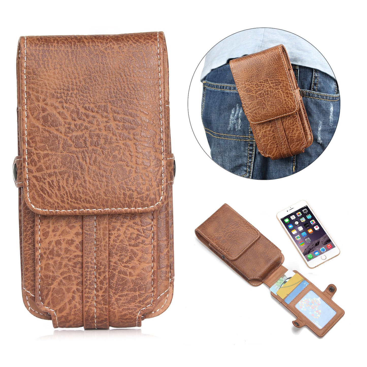 Card Slots Vertical Leather Pouch Holster with Belt Loop for iPhone 7 6s 6 Etc, Size: 140 x 73 x 10mm - Light Brown
