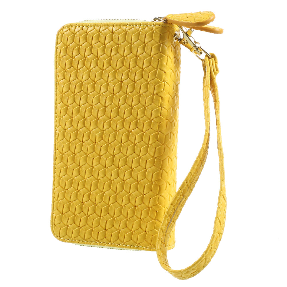 Uniqkart for iPhone 6 /6s /7 Universal Zipper Wallet Leather Phone Casing with Strap - Woven Texture / Yellow