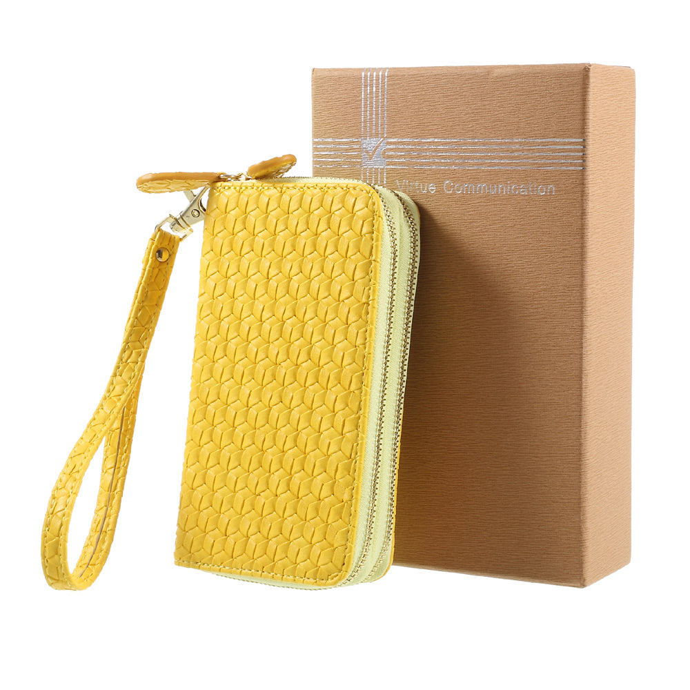 Uniqkart for iPhone 6 /6s /7 Universal Zipper Wallet Leather Phone Casing with Strap - Woven Texture / Yellow