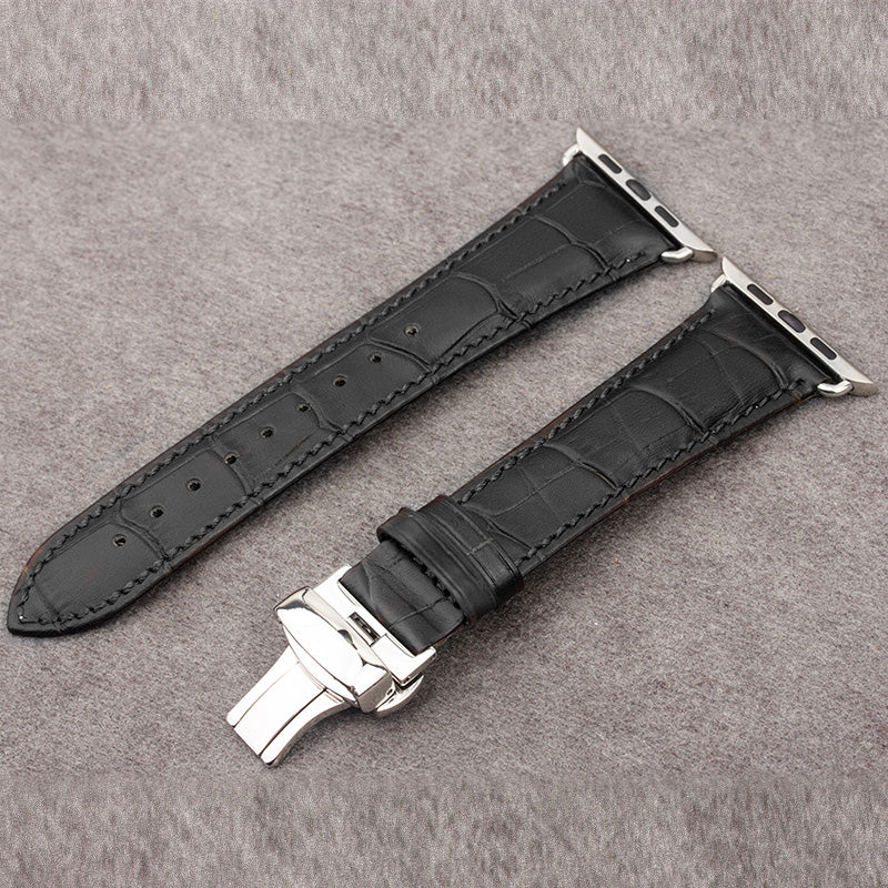 QIALINO For Apple Watch Series 8 45mm / Ultra 49mm / 7 45mm / 6 / SE / SE (2022) / 5 / 4 44mm 3 / 2 / 1 42mm Genuine Leather Watch Strap Replacement Watchband - Black