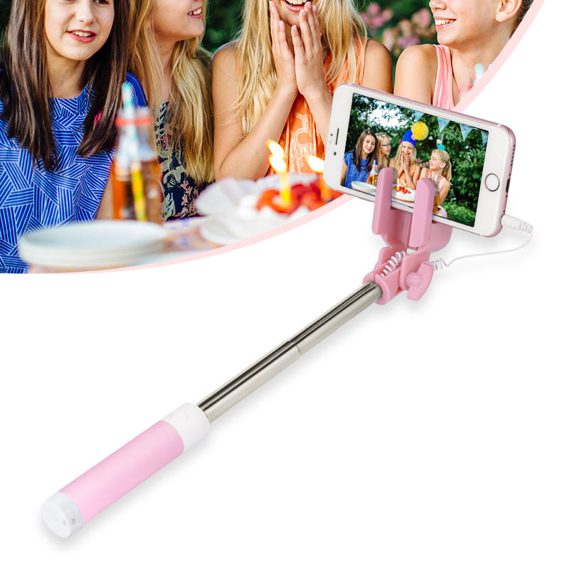 Uniqkart US-ZB030 3.5mm Stylish Port Selfie Stick With Mini Mirror for Samsung Huawei - Pink