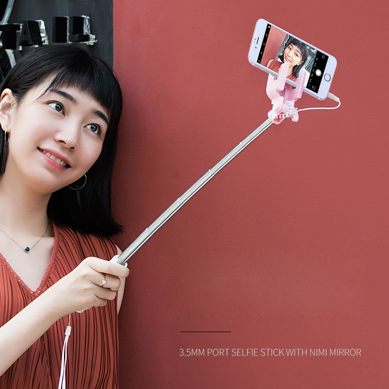 Uniqkart US-ZB030 3.5mm Stylish Port Selfie Stick With Mini Mirror for Samsung Huawei - Pink