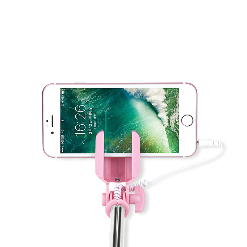 Uniqkart US-ZB030 3.5mm Stylish Port Selfie Stick With Mini Mirror for Samsung Huawei - Pink