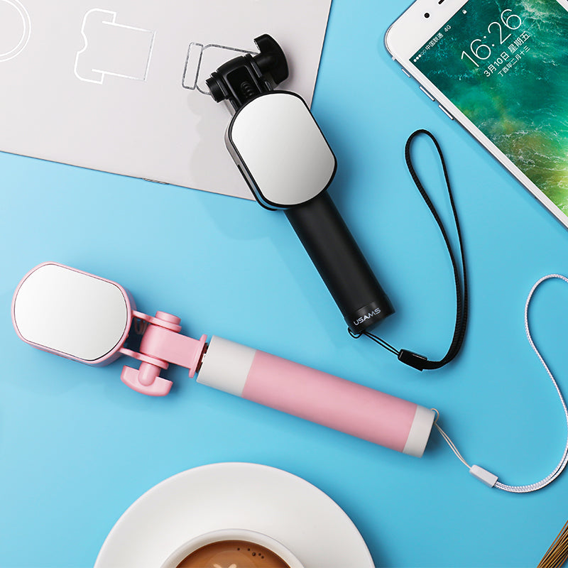 Uniqkart US-ZB030 3.5mm Stylish Port Selfie Stick With Mini Mirror for Samsung Huawei - Pink