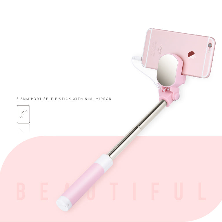 Uniqkart US-ZB030 3.5mm Stylish Port Selfie Stick With Mini Mirror for Samsung Huawei - Pink