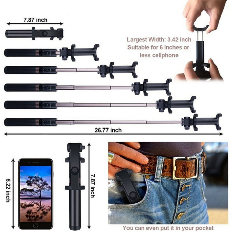 Portable Extendable Smartphone Holder Selfie Stick Tripod with Bluetooth Self Timer, Clamp Width: 56-90mm