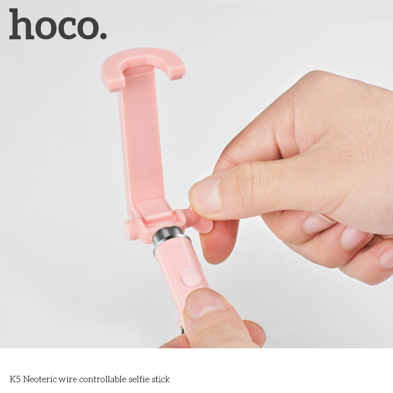 Hoco K5 Neoteric Extendable 3.5mm Plug Wire Controllable Selfie Stick for iPhone Samsung Huawei - Pink