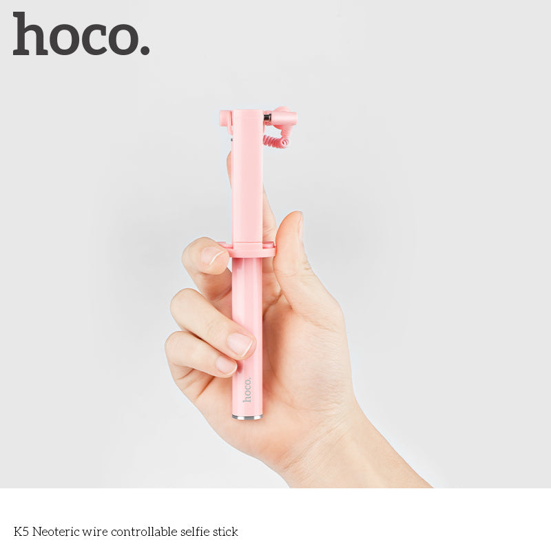 Hoco K5 Neoteric Extendable 3.5mm Plug Wire Controllable Selfie Stick for iPhone Samsung Huawei - Pink