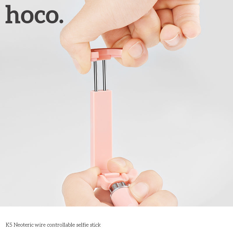 Hoco K5 Neoteric Extendable 3.5mm Plug Wire Controllable Selfie Stick for iPhone Samsung Huawei - Pink