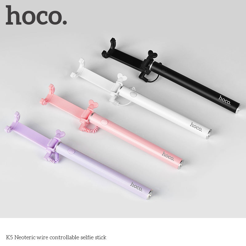 Hoco K5 Neoteric Extendable 3.5mm Plug Wire Controllable Selfie Stick for iPhone Samsung Huawei - Pink