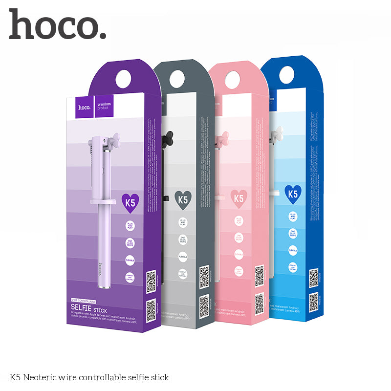 Hoco K5 Neoteric Portable Extendable 3.5mm Plug Wire Controllable Selfie Stick for iPhone Samsung Huawei - Black