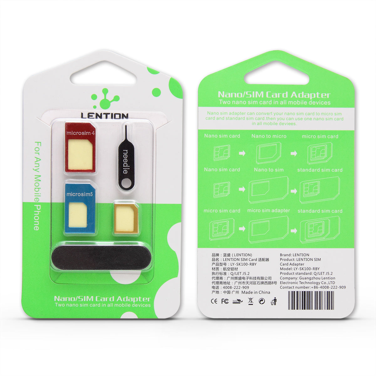 LENTION 5-in-1 Nano/Micro/Normal SIM Card Adapter + Eject Pin + Polished Section