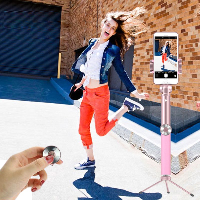 SK16 Extendable Selfie Stick + Bluetooth Self Timer Remote + Tripod + Wide Angle and Macro Lens - Pink