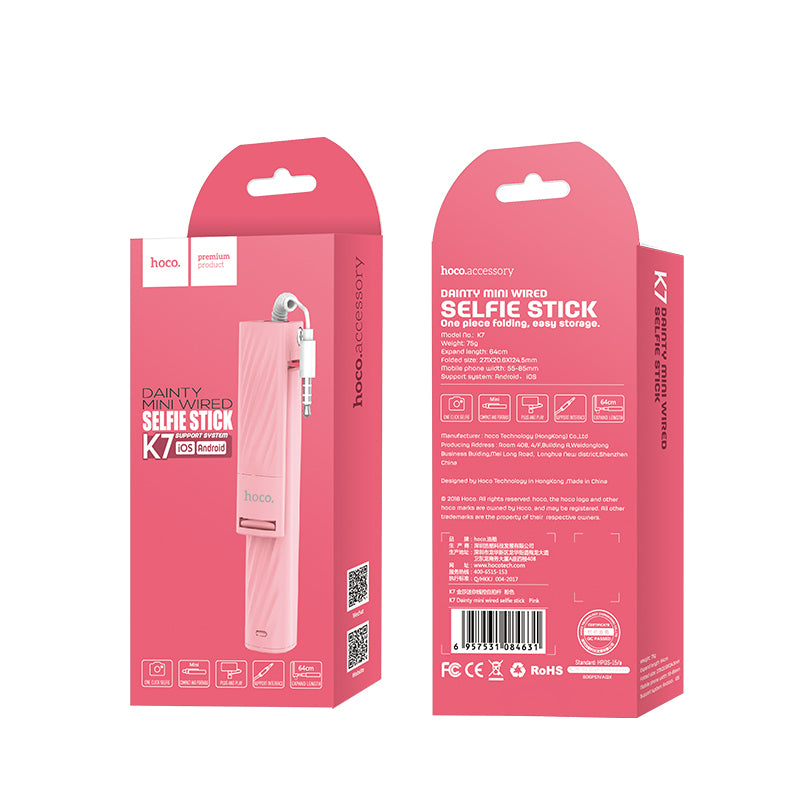 Hoco K7 Dainty Mini Wire Controllable Selfie Stick with 3.5mm Plug for iPhone Samsung Huawei - Pink