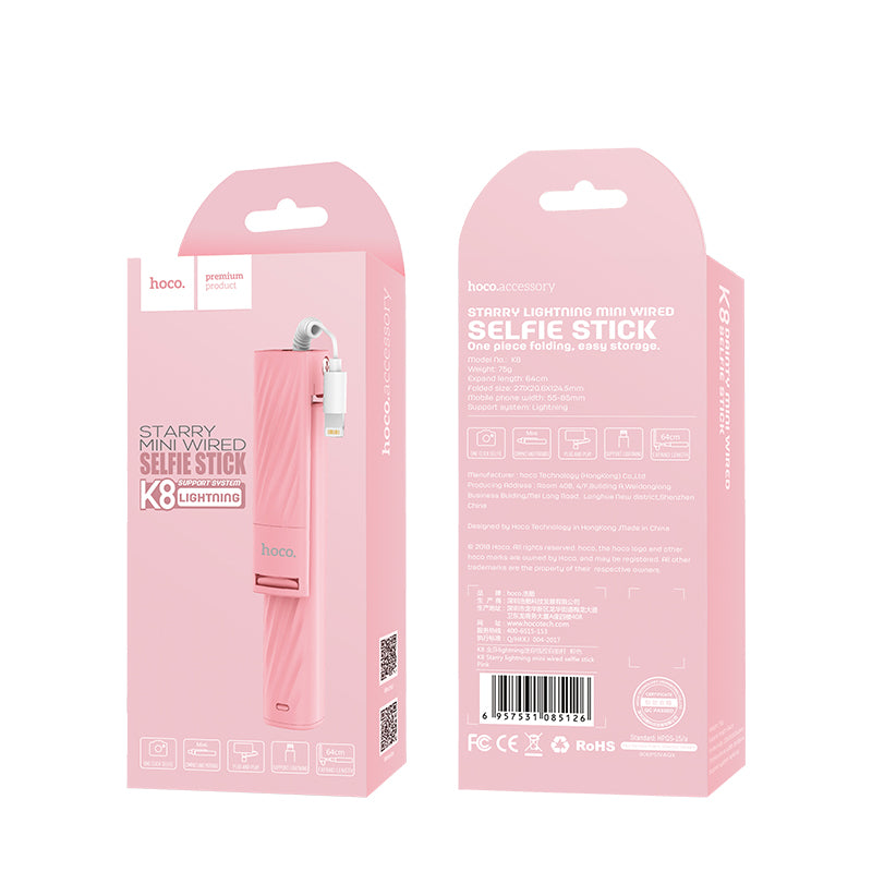 Hoco K8 Starry Lightning Mini Wired Selfie Stick for iPhoneX/8/7 - Pink