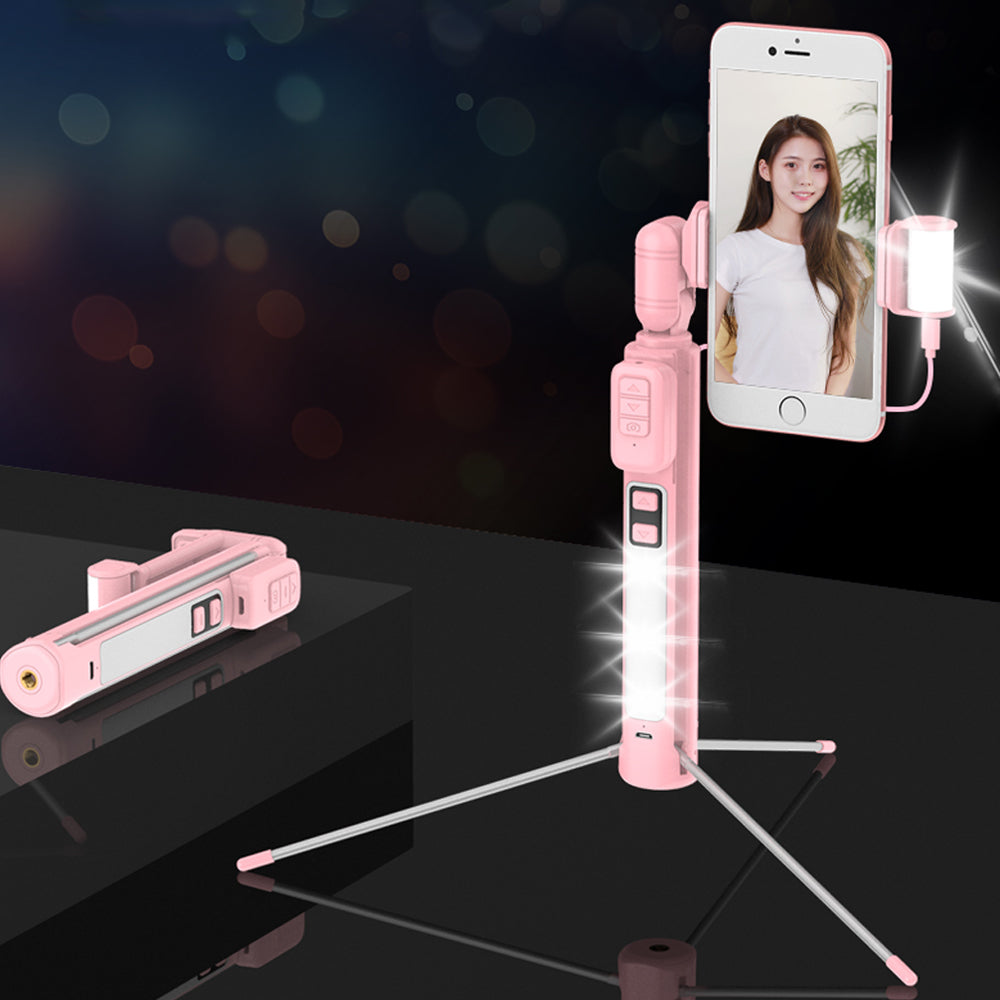 A18 Multi-functional Bluetooth LED Fill Light Selfie Stick LED with Tripod for iPhone X/8/8 Plus Etc - Pink