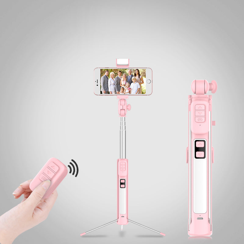 A18 Multi-functional Bluetooth LED Fill Light Selfie Stick LED with Tripod for iPhone X/8/8 Plus Etc - Pink
