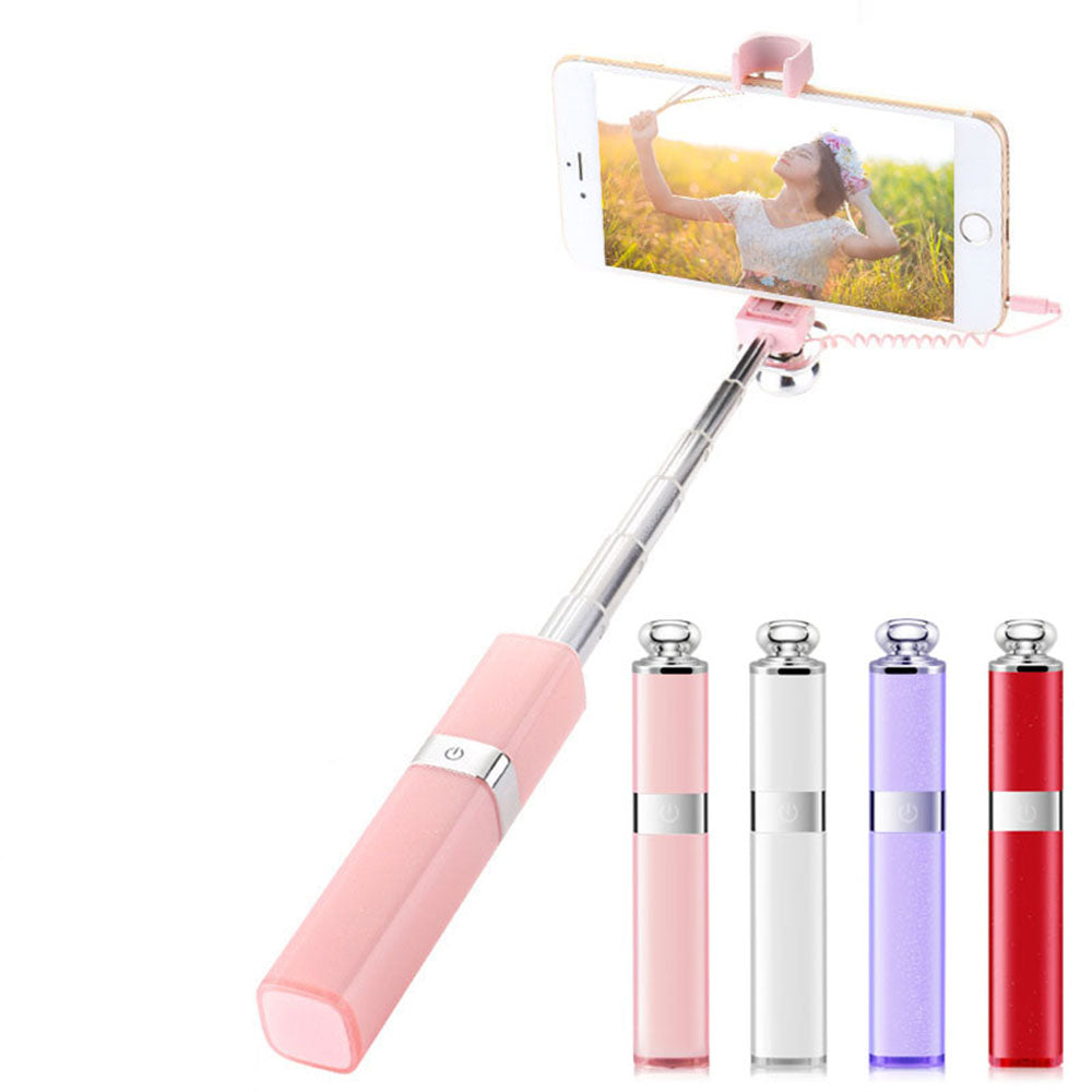 Aluminum Alloy Adjustable Mini Lipstick Wired Selfie Stick - Pink
