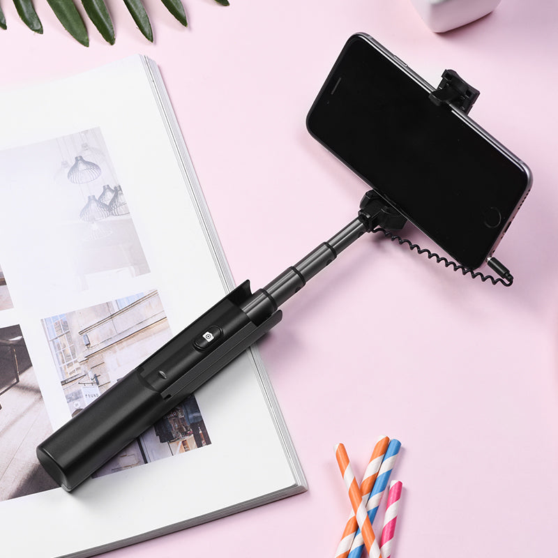 Hoco K9A Mystical 3.5mm Wire Control Telescopic Aluminum Alloy Selfie Stick - Black