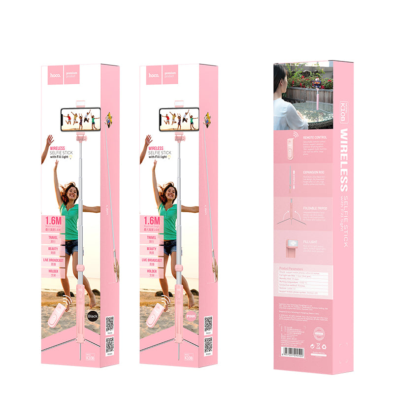 HHOCO K10B Selfie Stick Tripod Phone Holder Monopod With Bluetooth Remote Shutter and Backlight (L=1.6m) - Black