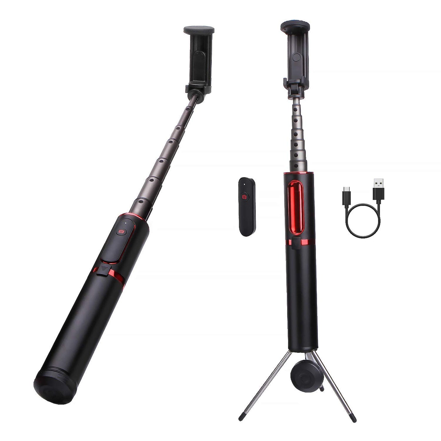 M10 Portable Extendable Bluetooth Selfie Stick with Tripod and Remote Control - Red