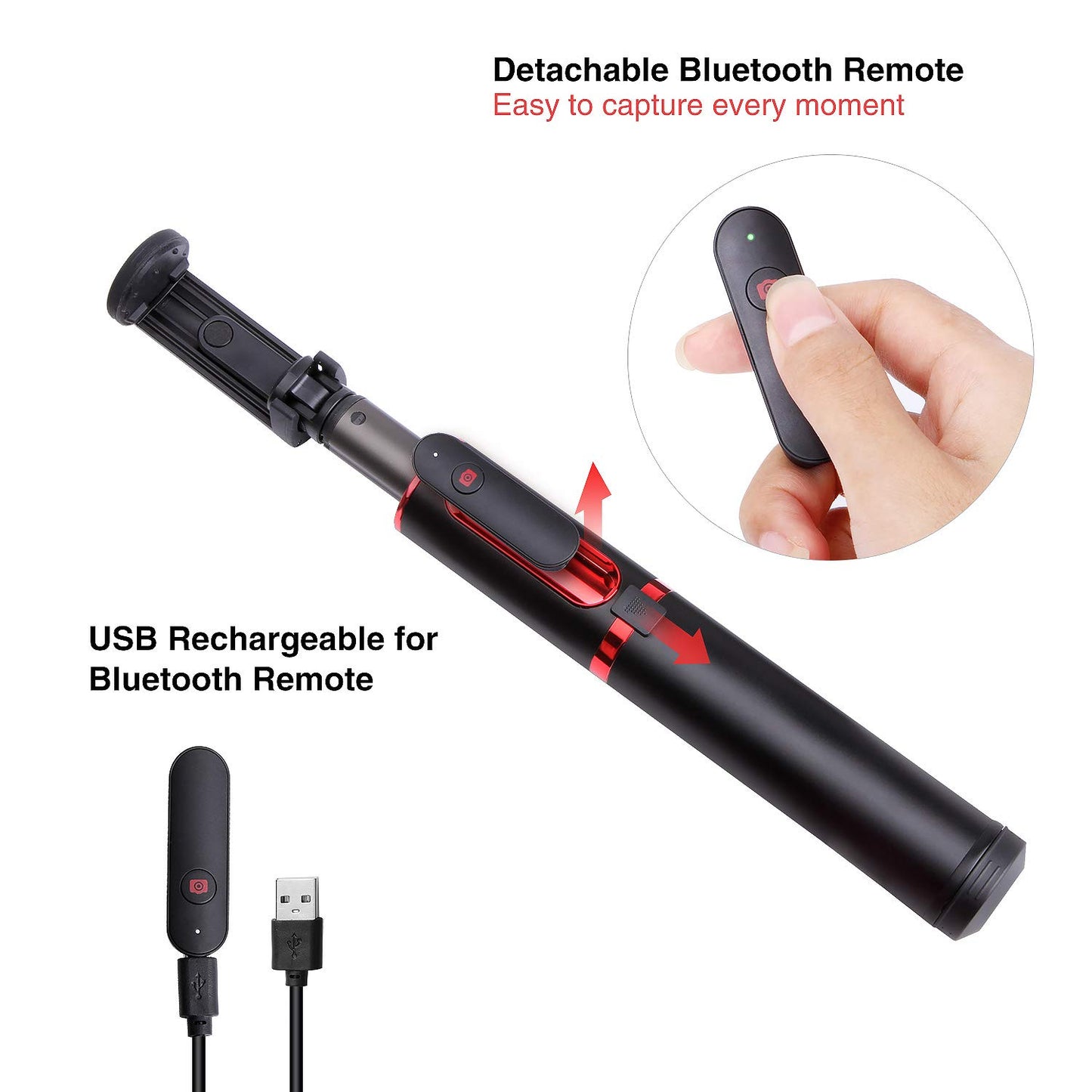 M10 Portable Extendable Bluetooth Selfie Stick with Tripod and Remote Control - Red
