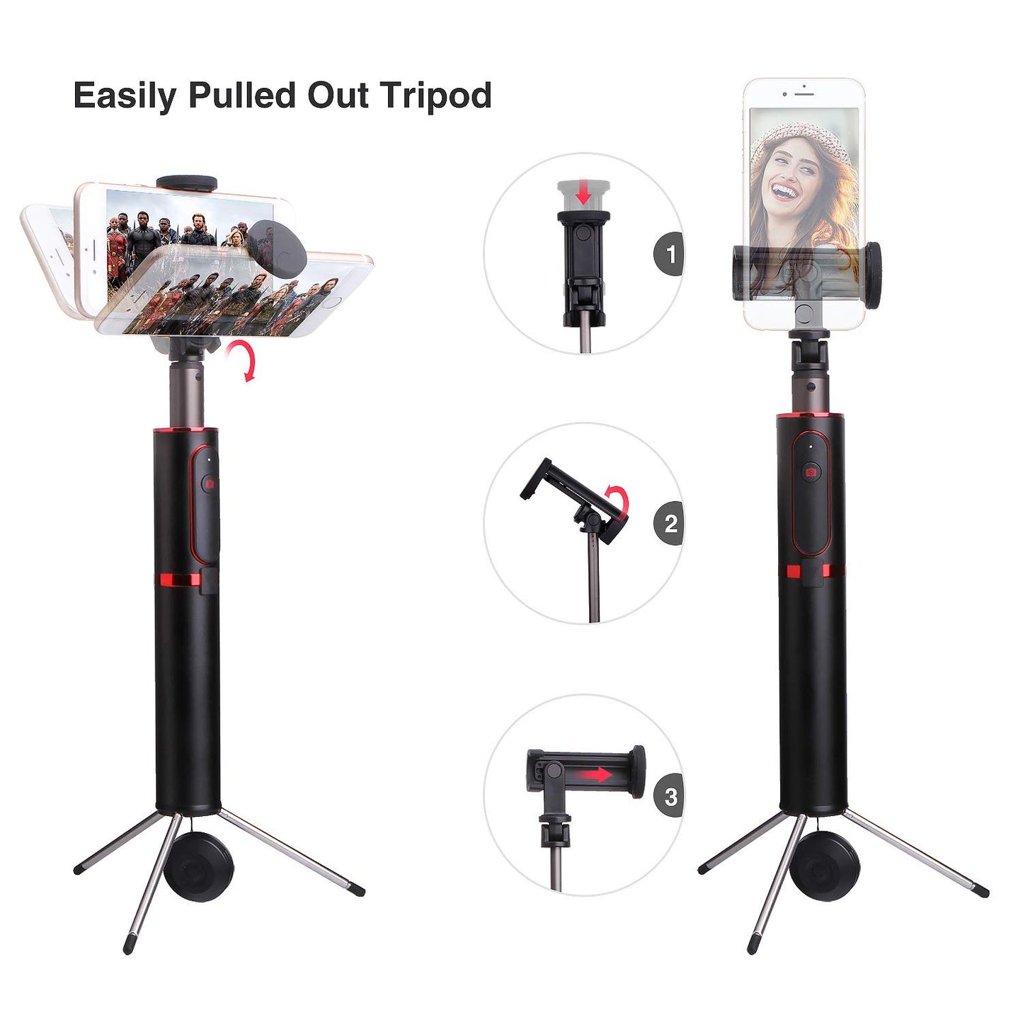 M10 Portable Extendable Bluetooth Selfie Stick with Tripod and Remote Control - Red