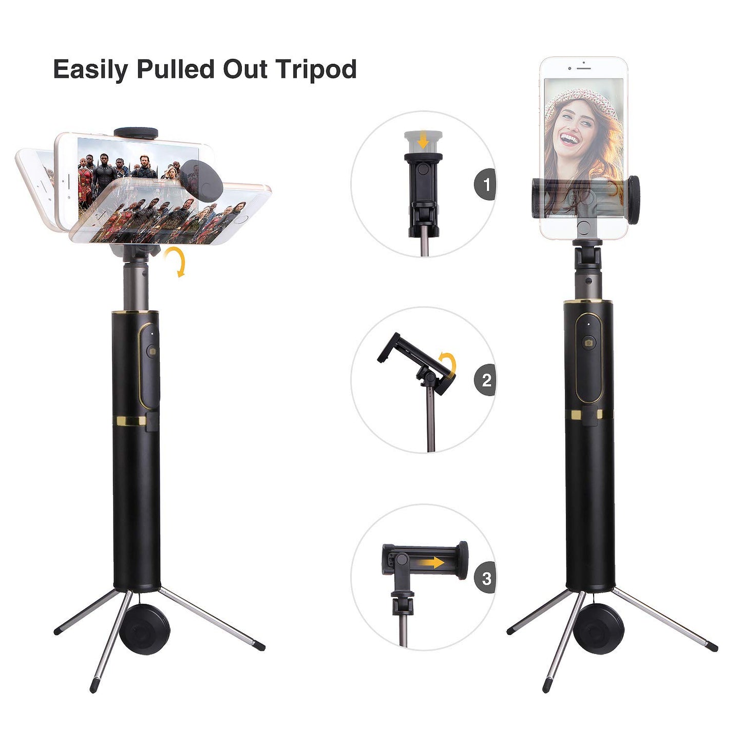 M10 Portable Extendable Bluetooth Selfie Stick with Tripod and Remote Control - Yellow
