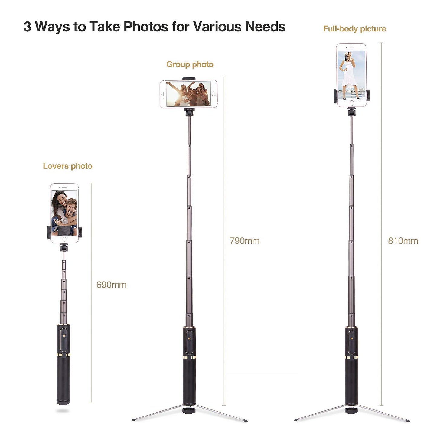 M10 Portable Extendable Bluetooth Selfie Stick with Tripod and Remote Control - Yellow