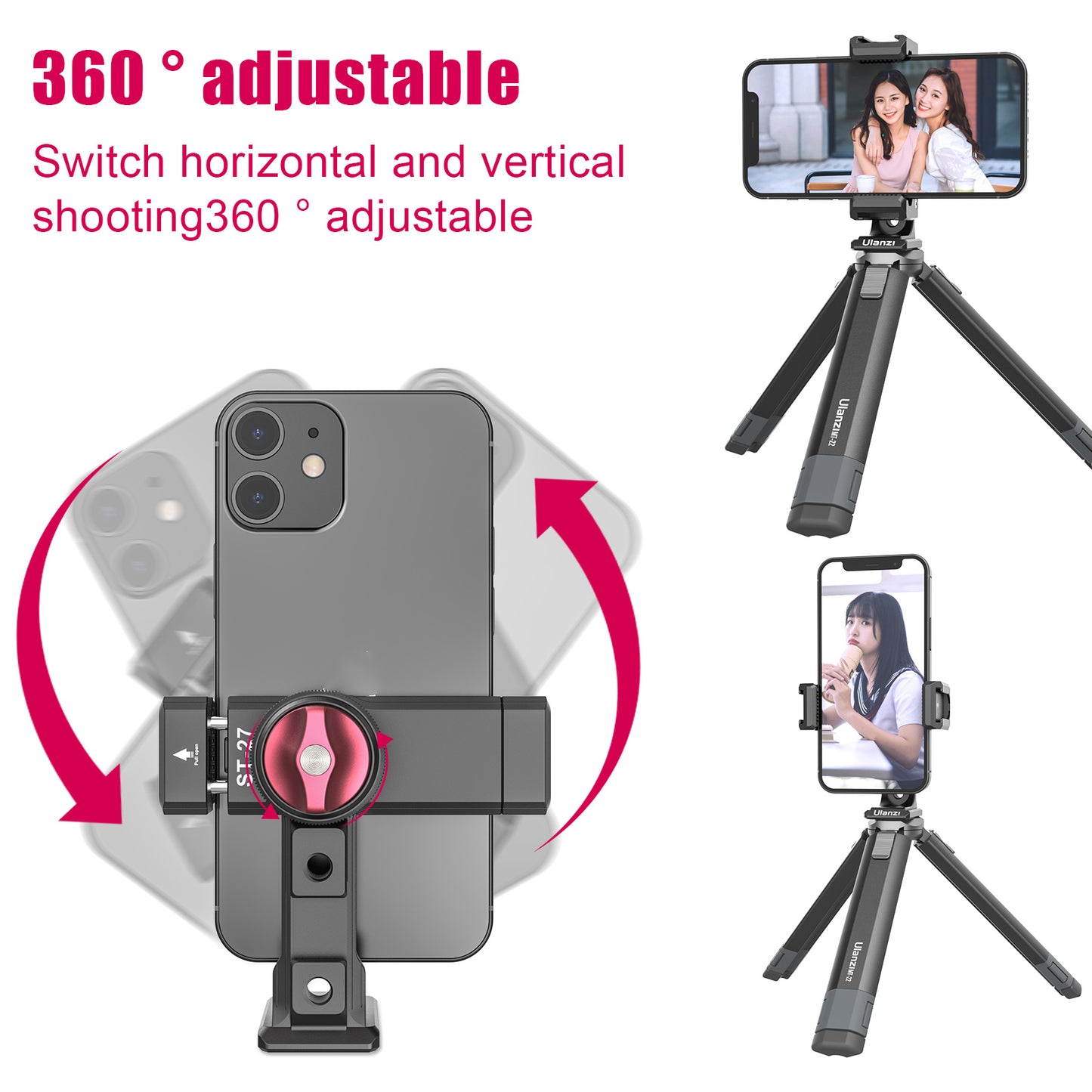 ULANZI ST-27 Metal Phone Clip 360° Shooting Smartphone Clamp with 1/4inch Cold Shoe Tripod Mount Base