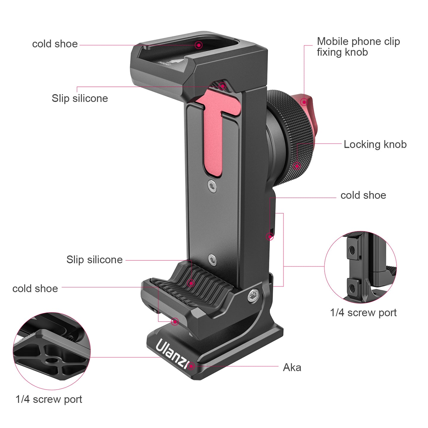 ULANZI ST-27 Metal Phone Clip 360° Shooting Smartphone Clamp with 1/4inch Cold Shoe Tripod Mount Base