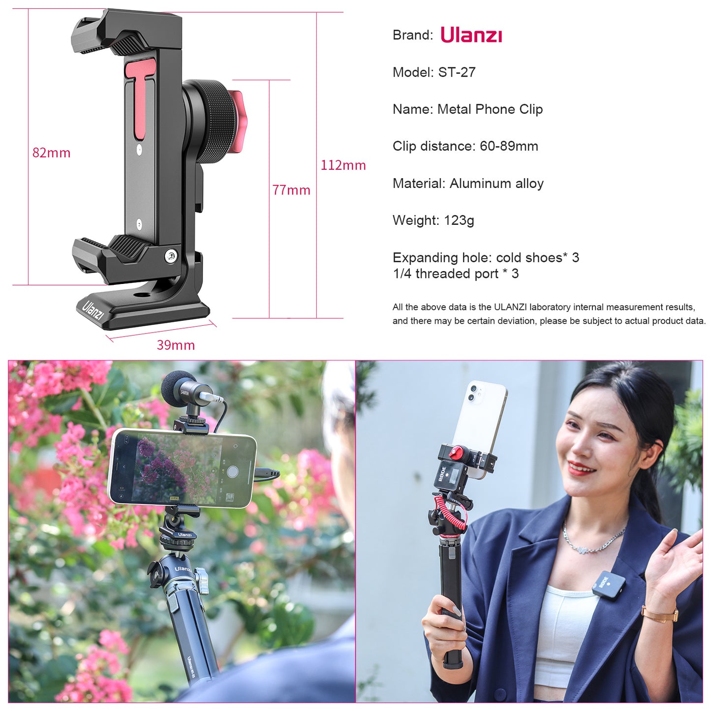 ULANZI ST-27 Metal Phone Clip 360° Shooting Smartphone Clamp with 1/4inch Cold Shoe Tripod Mount Base