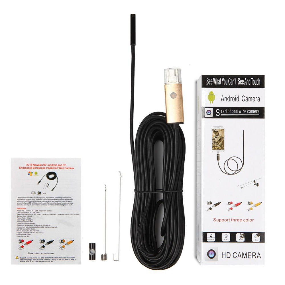 Uniqkart 10M 7mm 6-LED Android PC USB Waterproof Endoscope Inspection Video Camera - Black