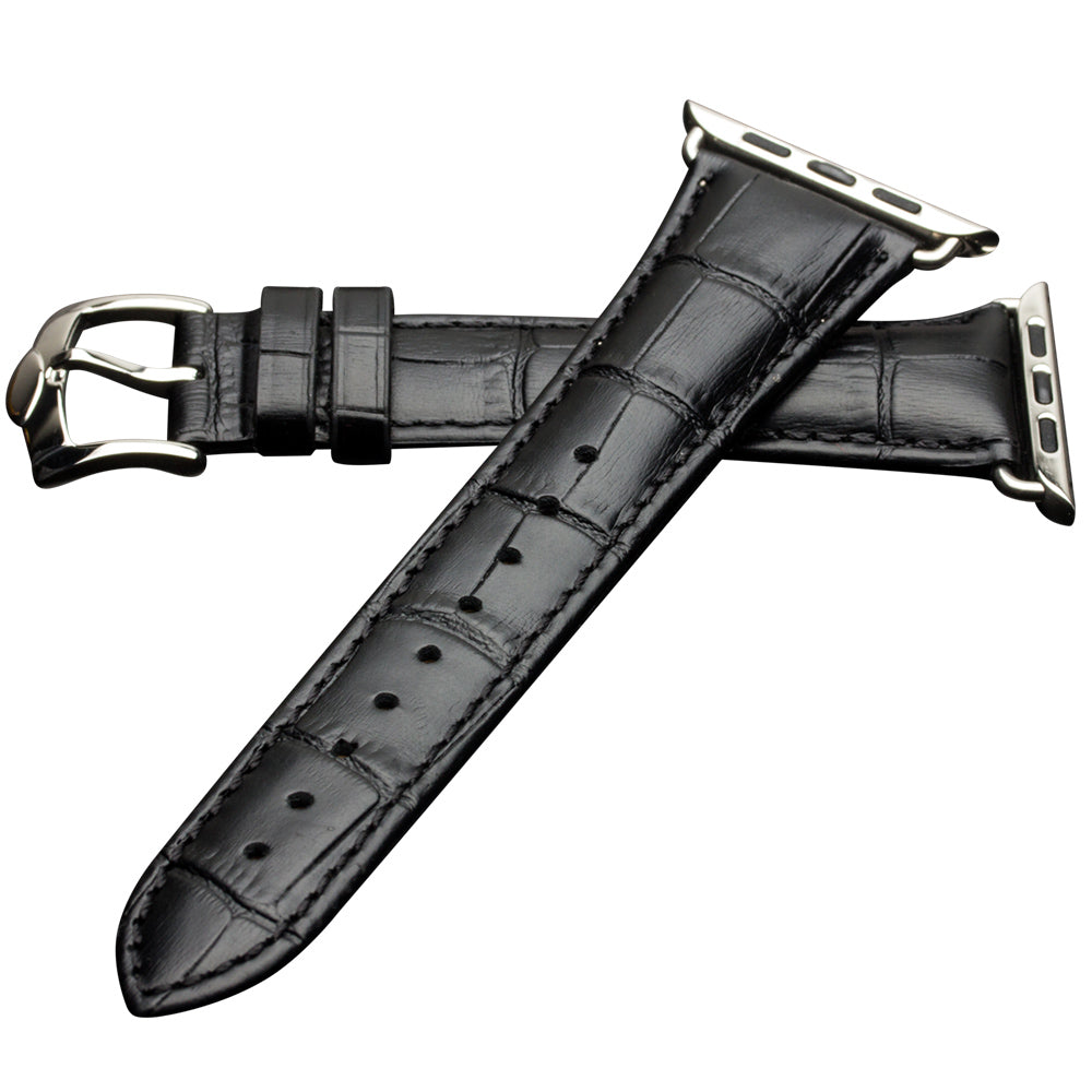 QIALINO Crocodile Pattern Genuine Leather Watch Wrist Strap for Apple Watch Series 8 45mm / Ultra 49mm / 7 45mm / Series 6 SE SE (2022) 5 4 44mm / Series 3 2 1 42mm - Black