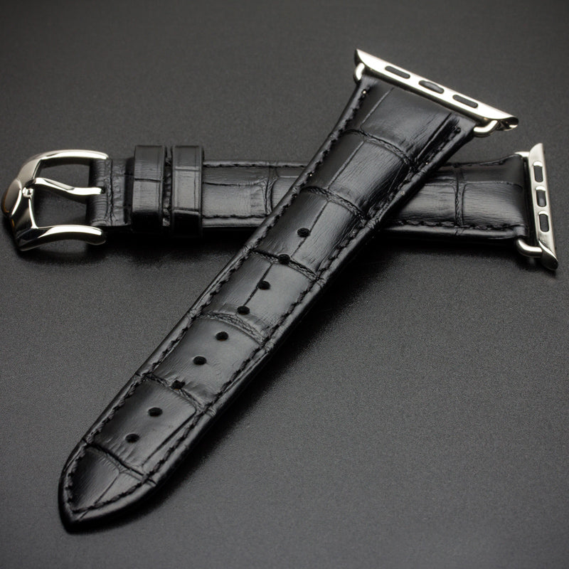 Uniqkart for Apple Watch Series 8 7 41mm / Series 6 SE / SE(2022) 5 4 40mm / Series 3 2 1 38mm Crocodile Texture Genuine Leather Wrist Strap - Black
