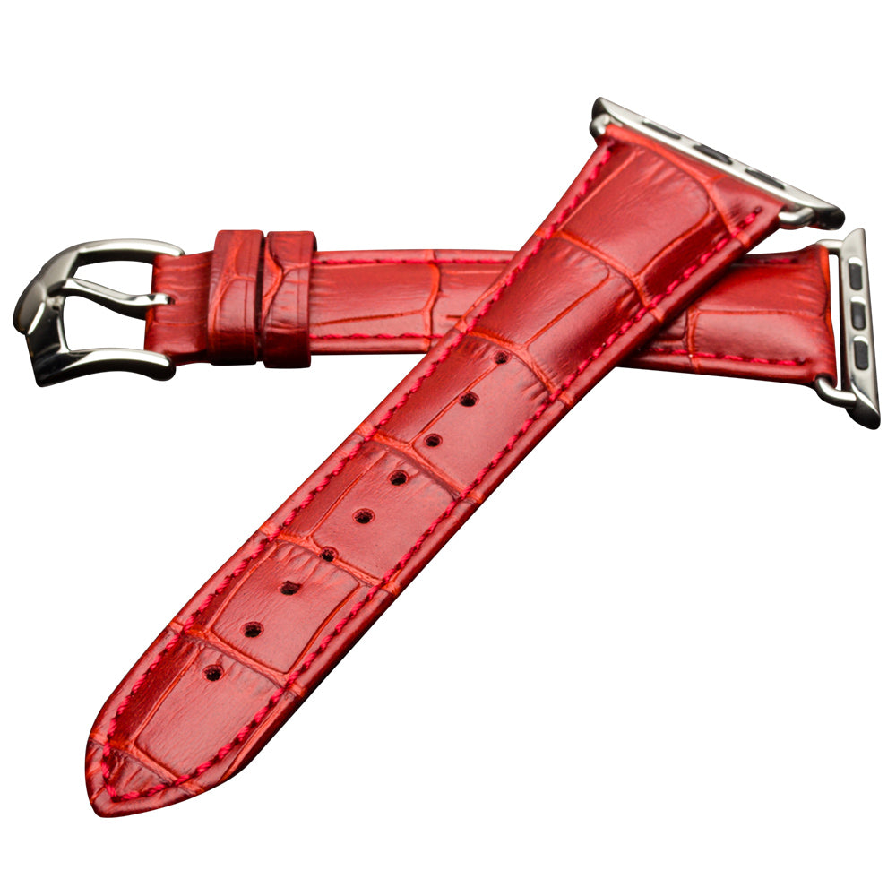 Uniqkart for Apple Watch Series 8 7 41mm / Series 6 SE / SE(2022) 5 4 40mm / Series 3 2 1 38mm Crocodile Texture Genuine Leather Wrist Strap - Red